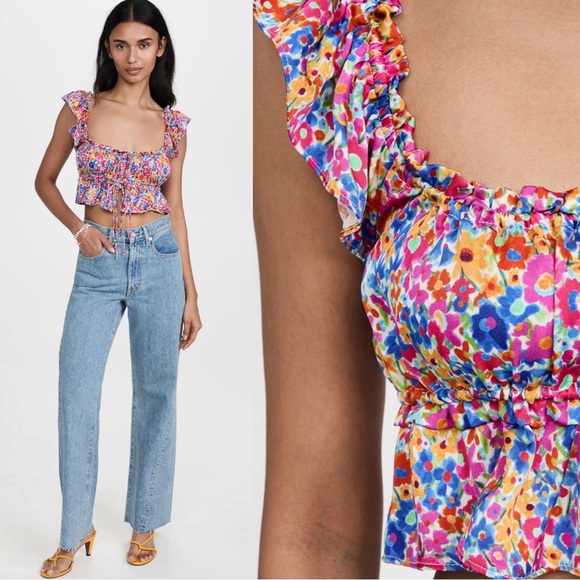 NWOT For Love & Lemons Sasha Floral Ruffle Satin Crop Top - Picture 7 of 12